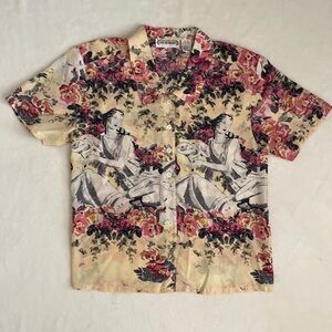 {VTG} Wayne Rogers | Whimsical Silk Floral Button Up Short Sleeve Blouse Top (S)
